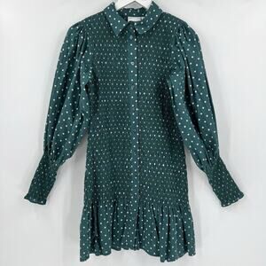 ASOS Smocked Polka Dot Green Mini Dress Long Sleeves Collared Button Size 4